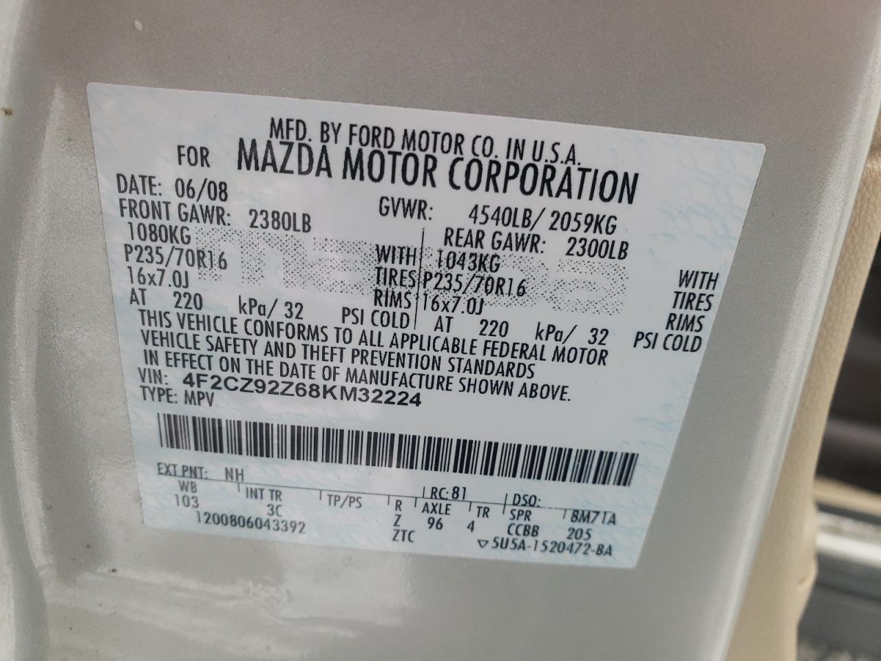 Photo 10 from auction – 2008 MAZDA TRIBUTE I with VIN 4F2CZ92Z68KM32224