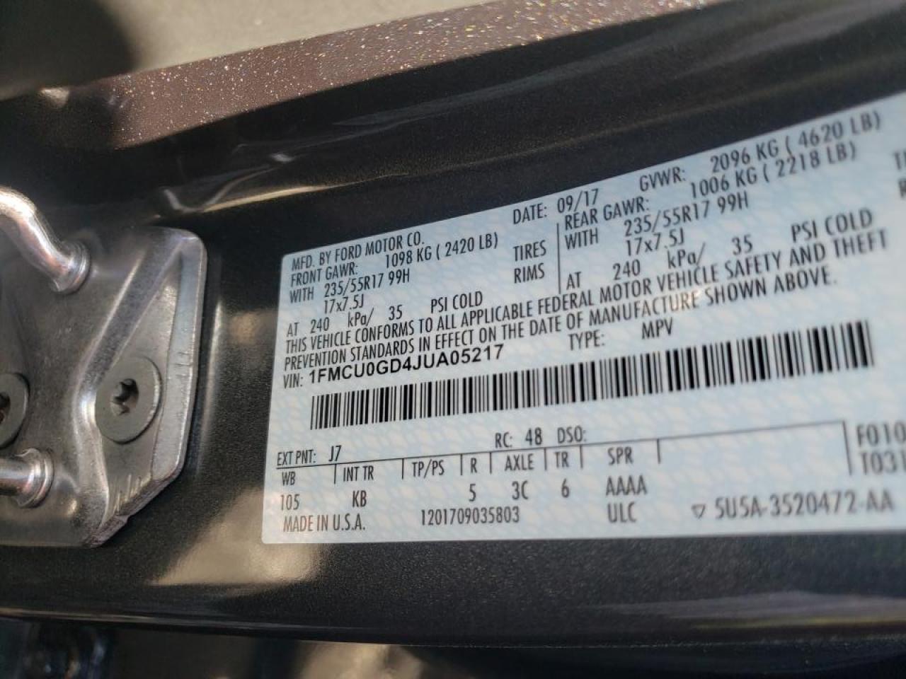 Photo 10 from auction – 2018 FORD ESCAPE SE with VIN 1FMCU0GD4JUA05217