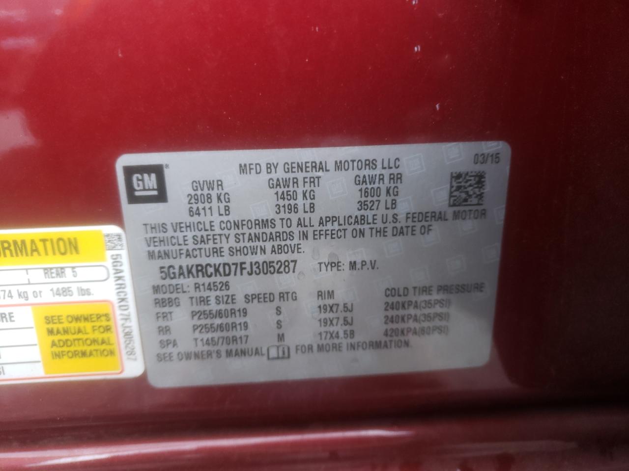Photo 10 from auction – 2015 BUICK ENCLAVE with VIN 5GAKRCKD7FJ305287