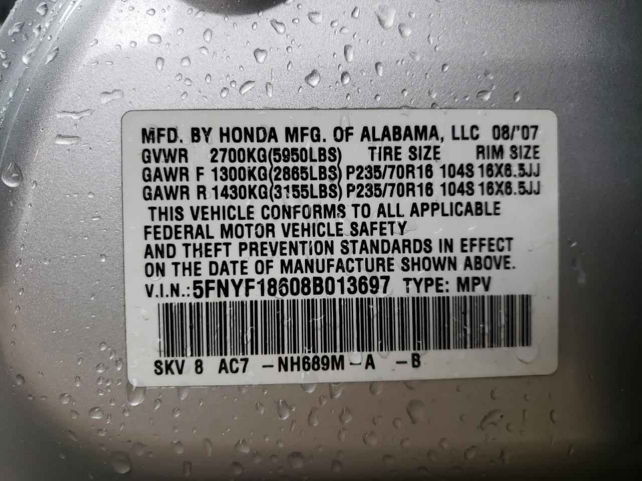 Photo 10 from auction – 2008 HONDA PILOT EXL with VIN 5FNYF18608B013697