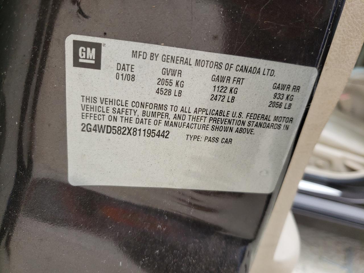 Photo 10 from auction – 2008 BUICK LACROSSE C with VIN 2G4WD582X81195442
