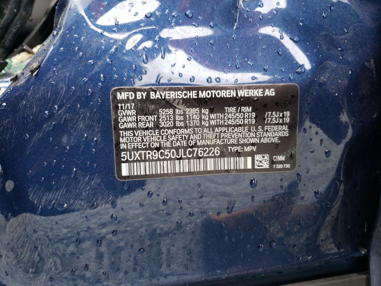 Photo 10 from auction – 2018 BMW X3 XDRIVE with VIN 5UXTR9C50JLC76226