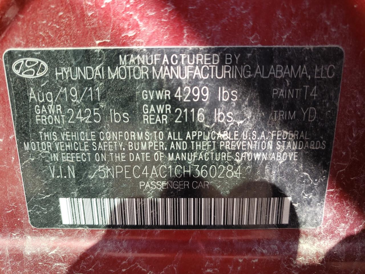 Photo 10 from auction – 2012 HYUNDAI SONATA SE with VIN 5NPEC4AC1CH360284