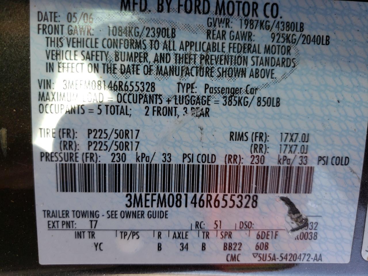 Photo 10 from auction – 2006 MERCURY MILAN PREM with VIN 3MEFM08146R655328