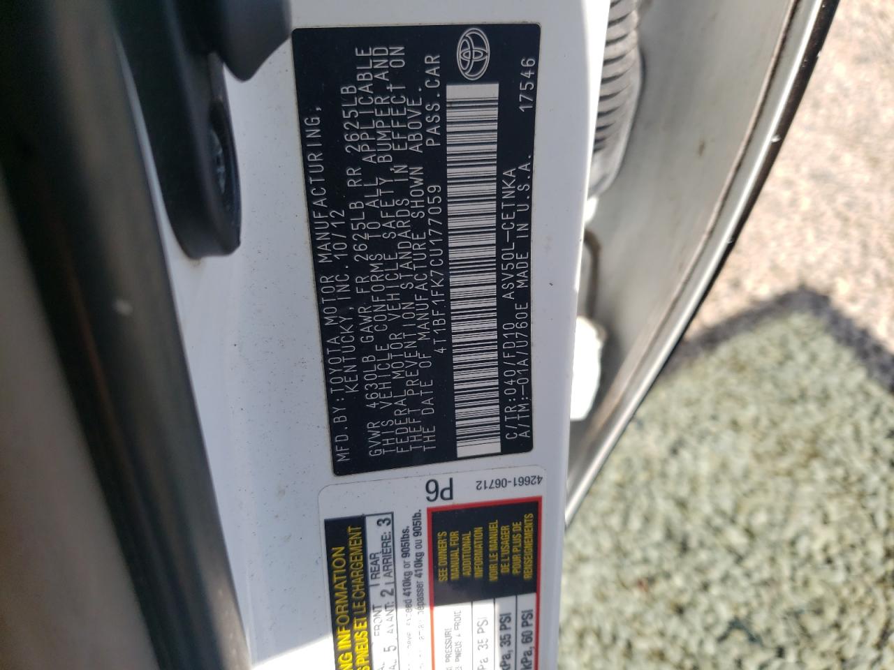 Photo 10 from auction – 2012 TOYOTA CAMRY BASE with VIN 4T1BF1FK7CU177059