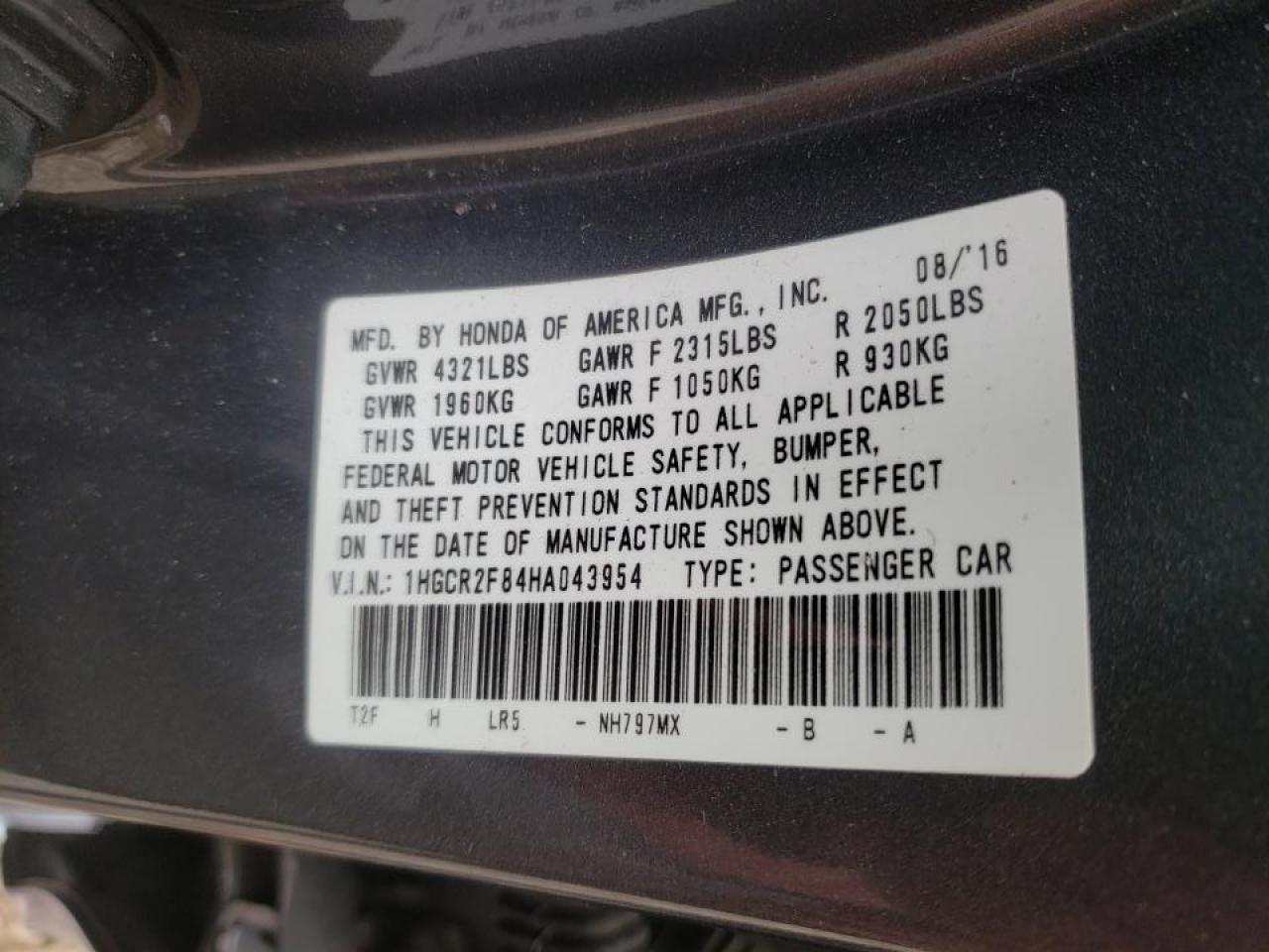 Photo 20 from auction – 2017 HONDA ACCORD EXL with VIN 1HGCR2F84HA043954