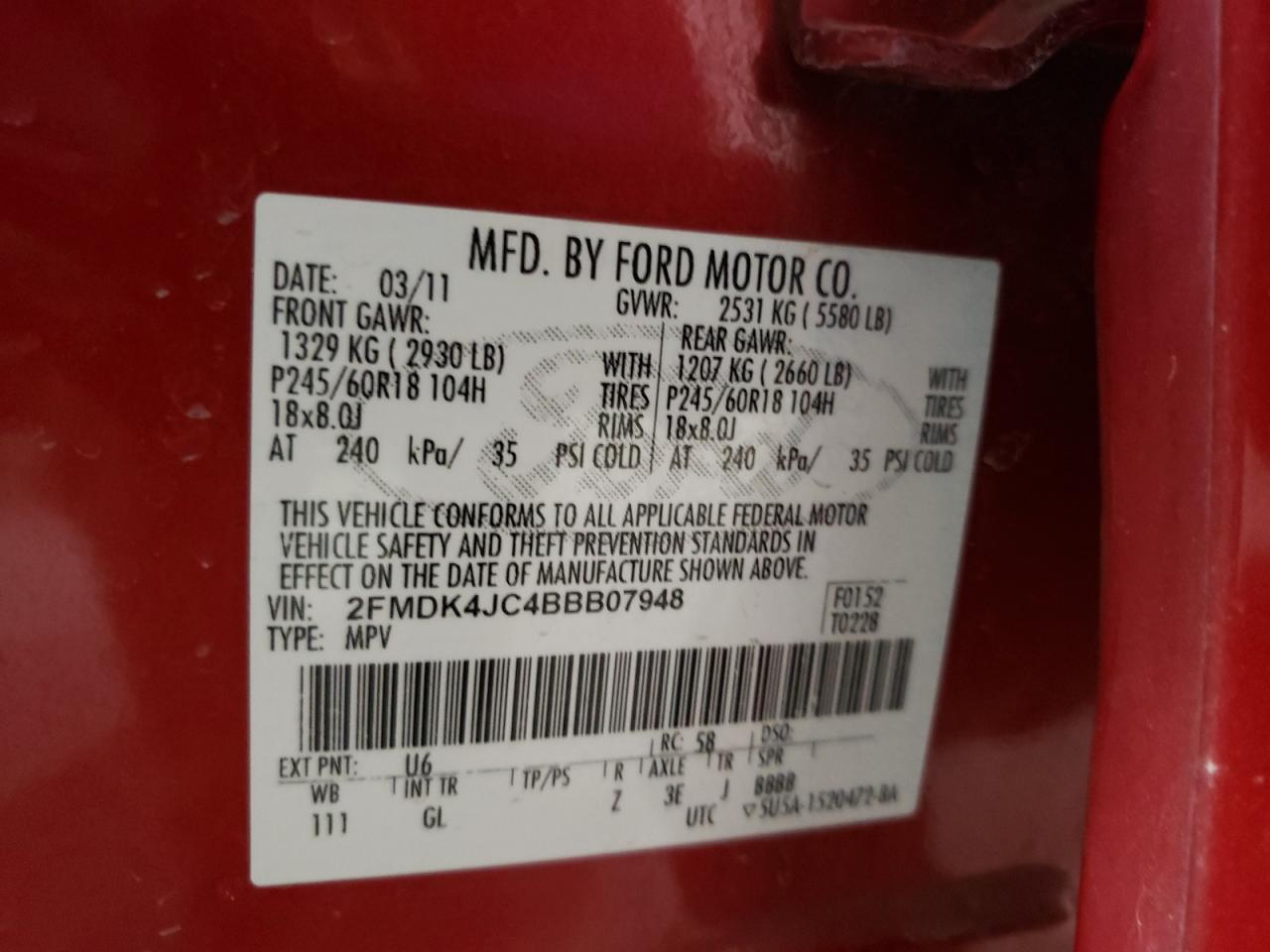 Photo 10 from auction – 2011 FORD EDGE SEL with VIN 2FMDK4JC4BBB07948