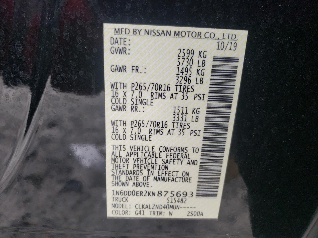 Photo 10 from auction – 2019 NISSAN FRONTIER S with VIN 1N6DD0ER2KN875693