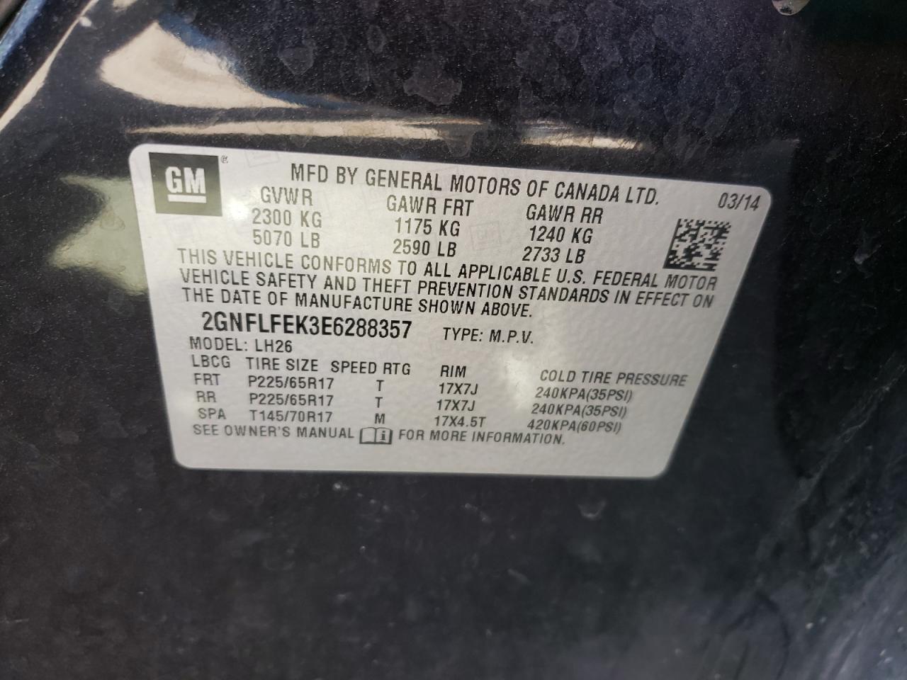 Photo 10 from auction – 2014 CHEVROLET EQUINOX LT with VIN 2GNFLFEK3E6288357