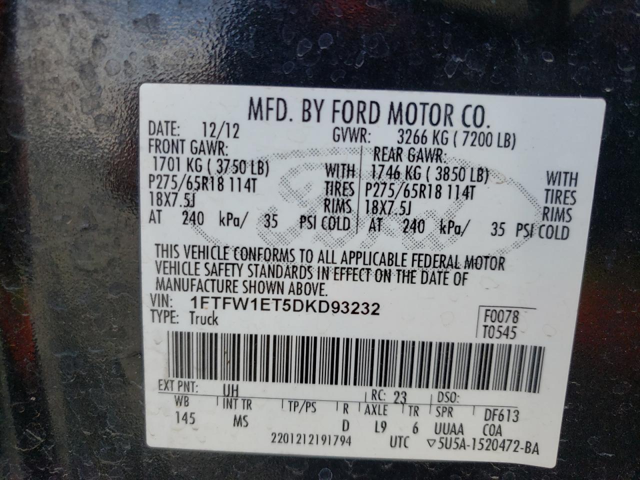 Photo 10 from auction – 2013 FORD F150 SUPER with VIN 1FTFW1ET5DKD93232