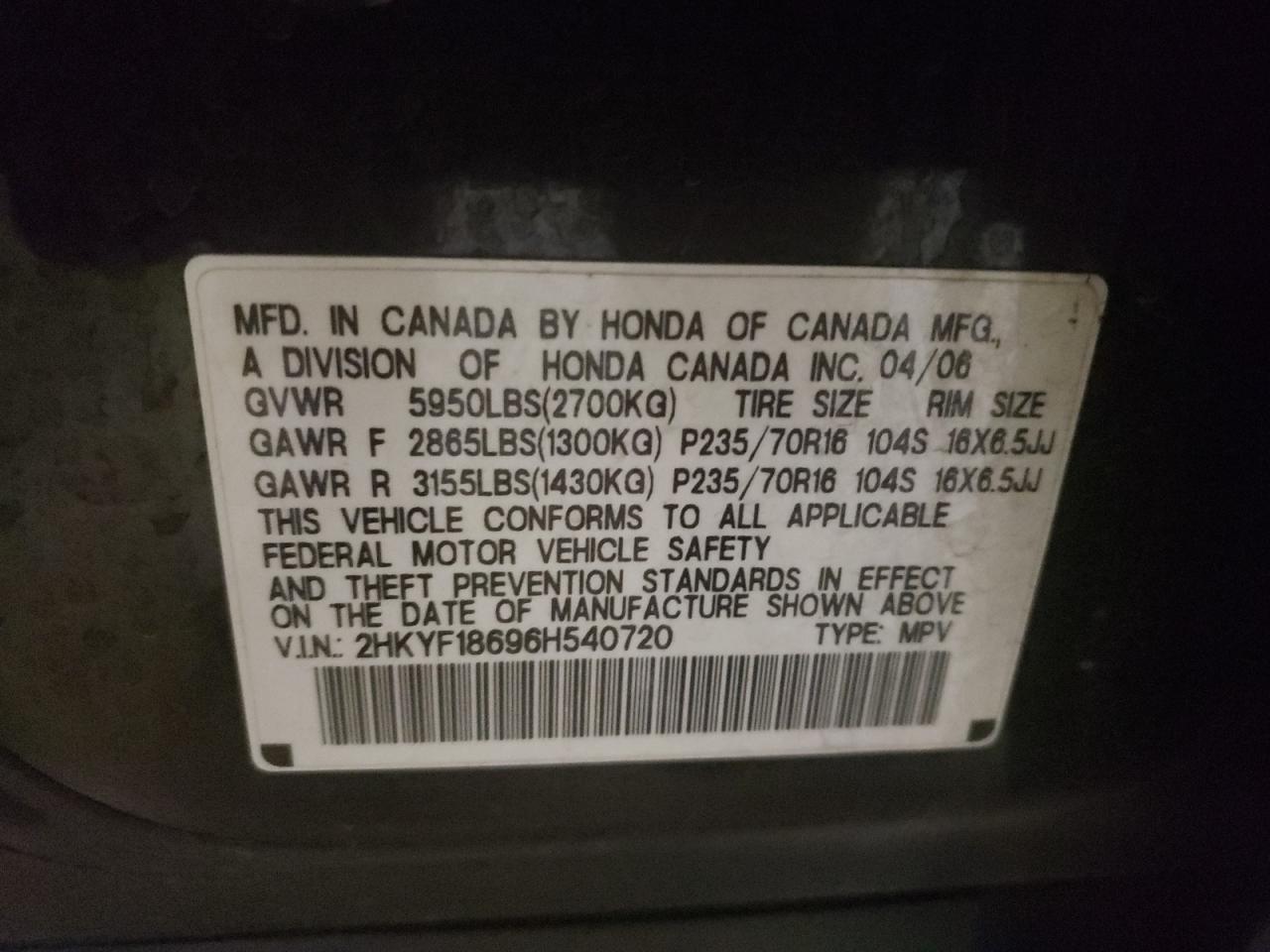 Photo 10 from auction – 2006 HONDA PILOT EX with VIN 2HKYF18696H540720