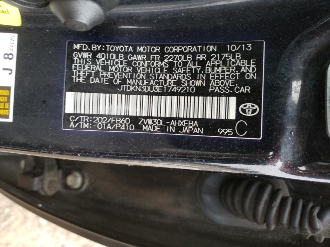 Photo 10 from auction – 2014 TOYOTA PRIUS with VIN JTDKN3DU3E1749210
