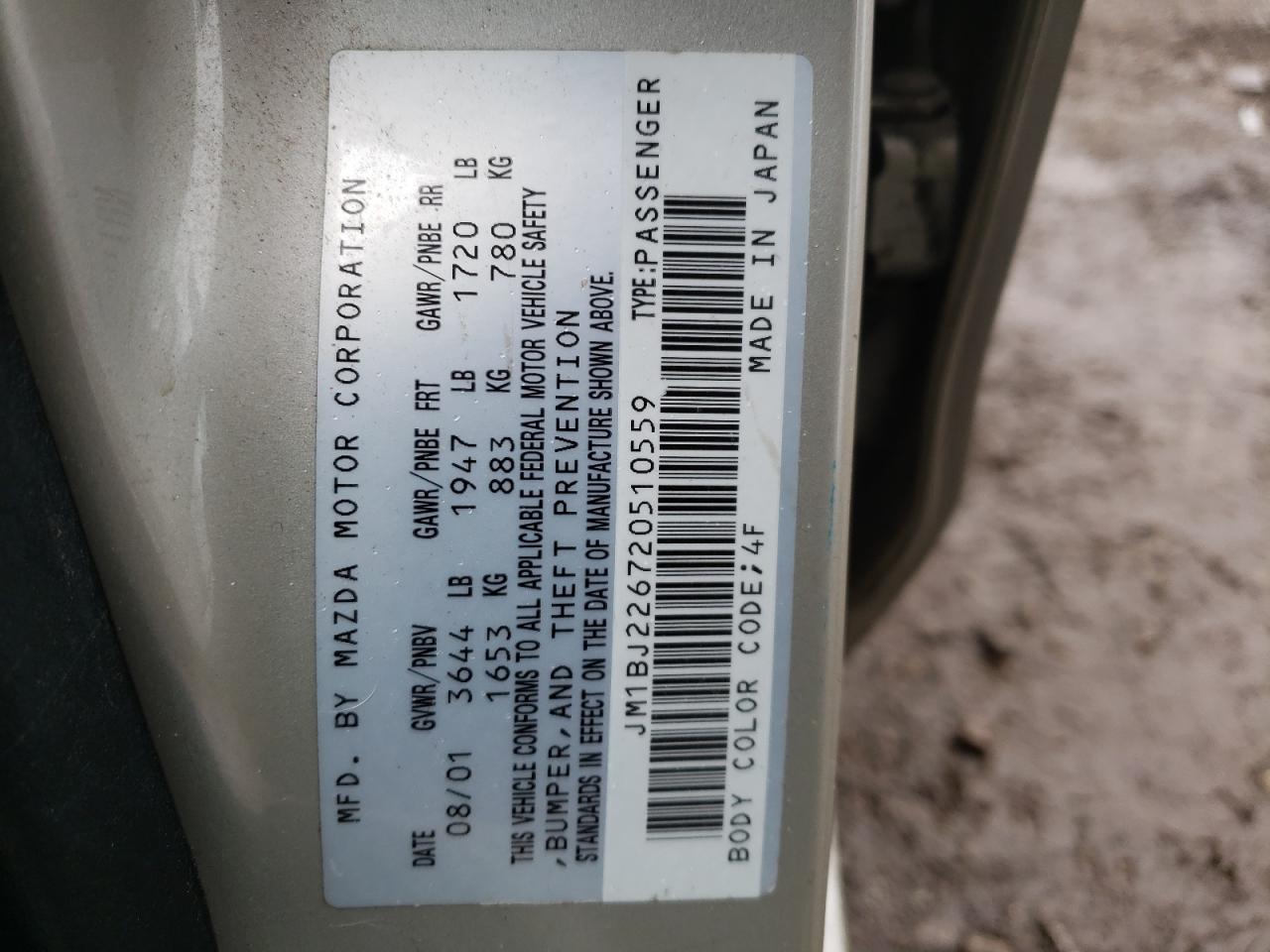 Photo 10 from auction – 2002 MAZDA PROTEGE DX with VIN JM1BJ226720510559