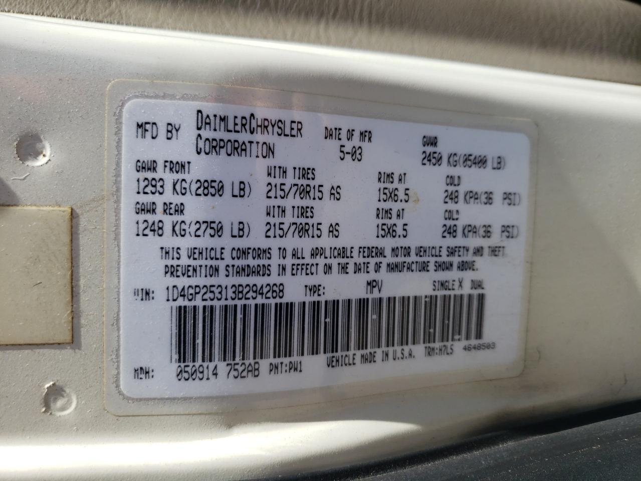Photo 10 from auction – 2003 DODGE CARAVAN SE with VIN 1D4GP25313B294268