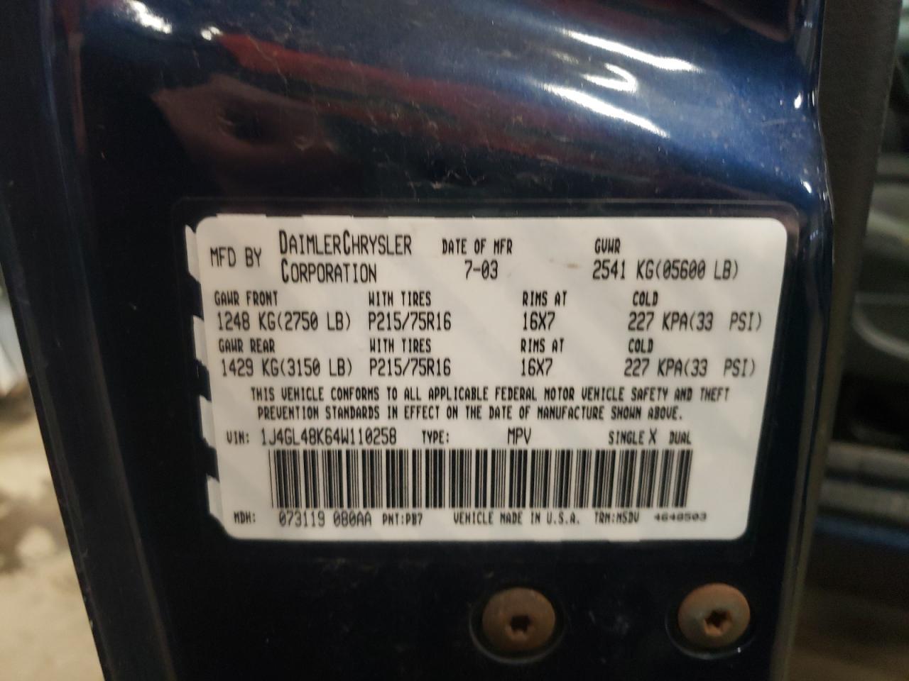 Photo 10 from auction – 2004 JEEP LIBERTY SP with VIN 1J4GL48K64W110258