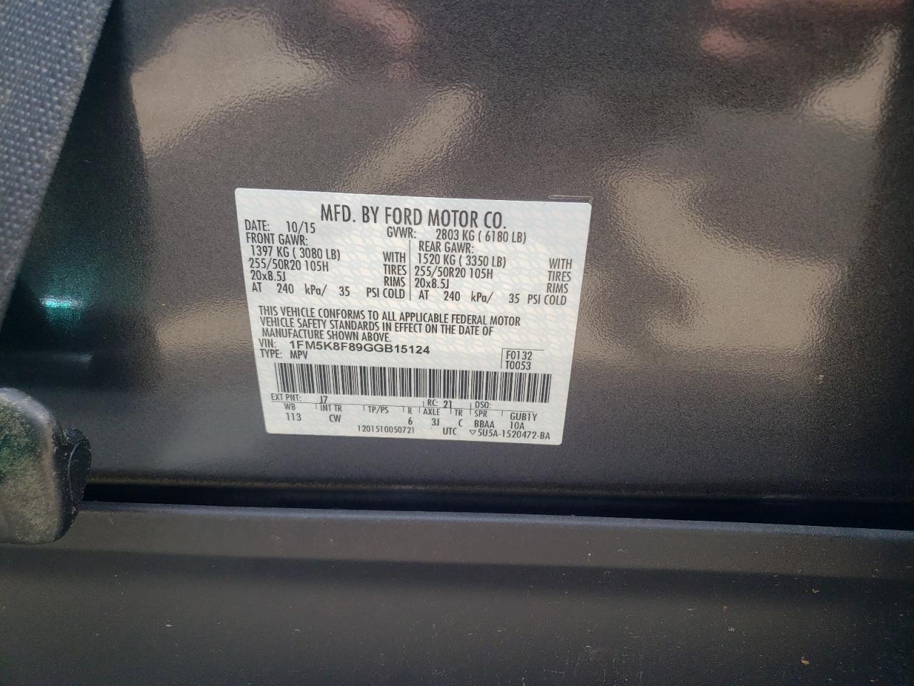 Photo 10 from auction – 2016 FORD EXPLORER L with VIN 1FM5K8F89GGB15124