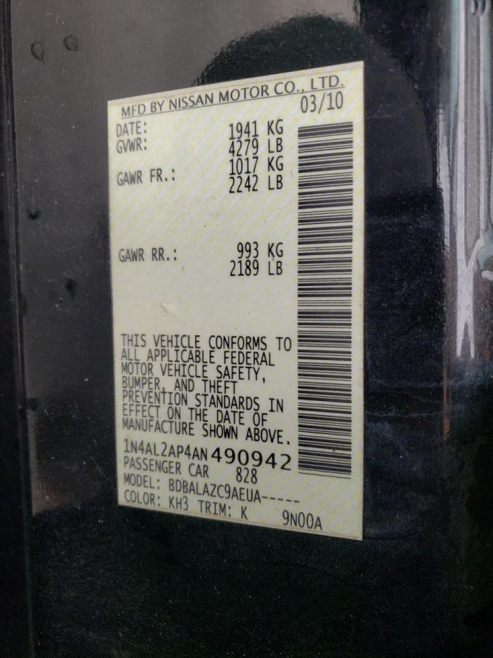 Photo 10 from auction – 2010 NISSAN ALTIMA BAS with VIN 1N4AL2AP4AN490942