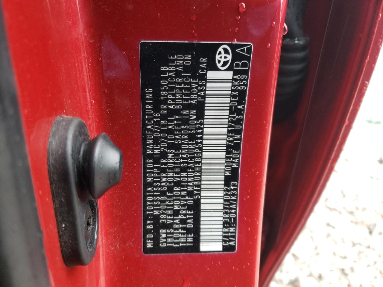 Photo 10 from auction – 2016 TOYOTA COROLLA L with VIN 5YFBURHE8GP544425