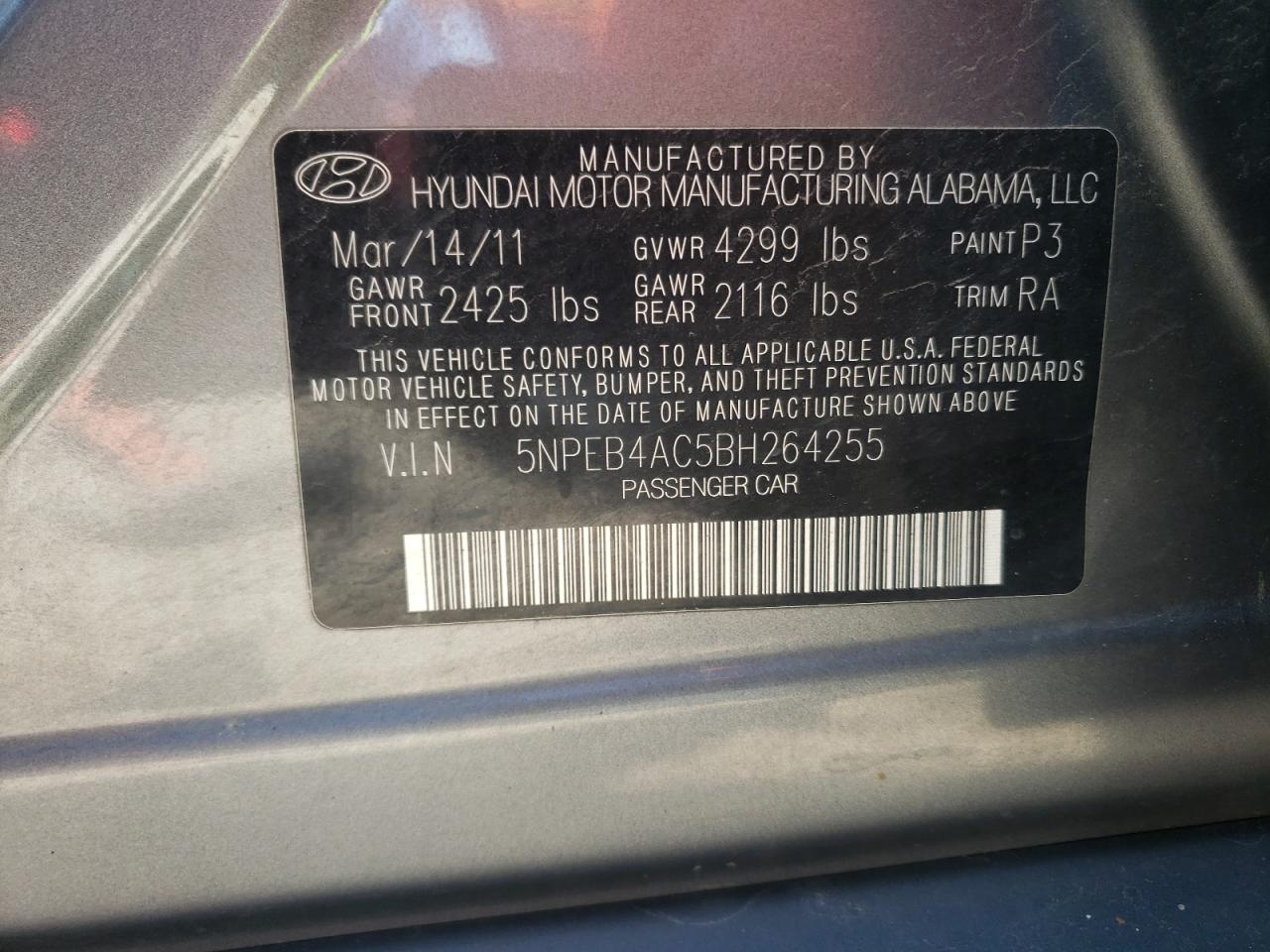 Photo 10 from auction – 2011 HYUNDAI SONATA GLS with VIN 5NPEB4AC5BH264255