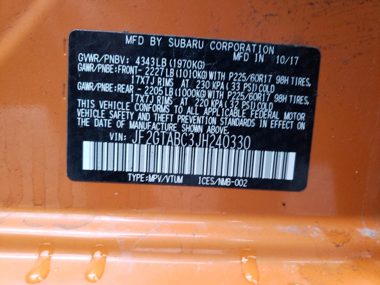 Photo 11 from auction – 2018 SUBARU CROSSTREK with VIN JF2GTABC3JH240330