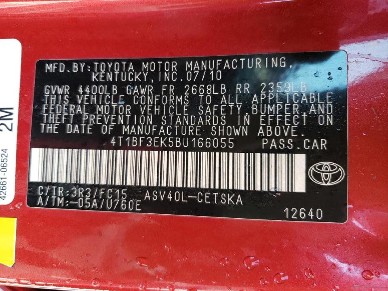 Photo 10 from auction – 2011 TOYOTA CAMRY BASE with VIN 4T1BF3EK5BU166055