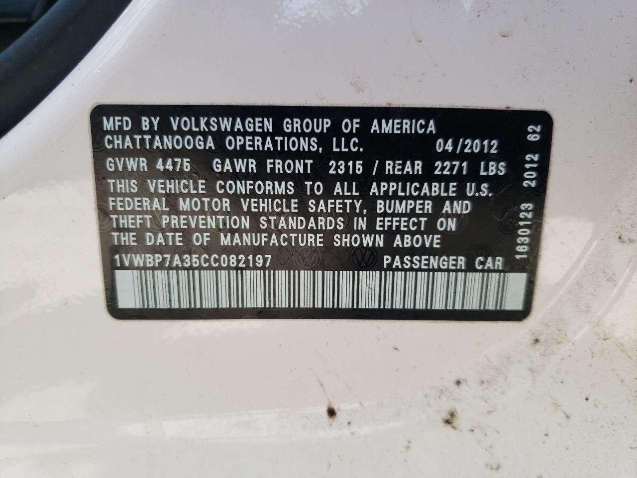 Photo 10 from auction – 2012 VOLKSWAGEN PASSAT SE with VIN 1VWBP7A35CC082197