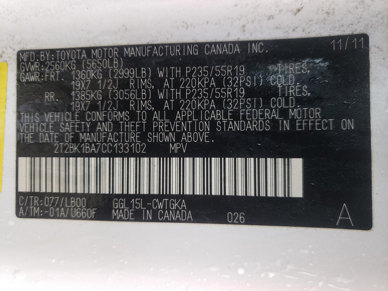 Photo 10 from auction – 2012 LEXUS RX 350 with VIN 2T2BK1BA7CC133102