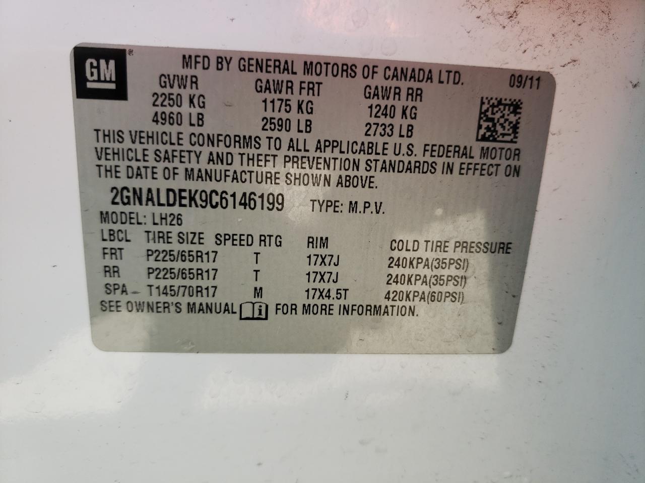 Photo 10 from auction – 2012 CHEVROLET EQUINOX LT with VIN 2GNALDEK9C6146199