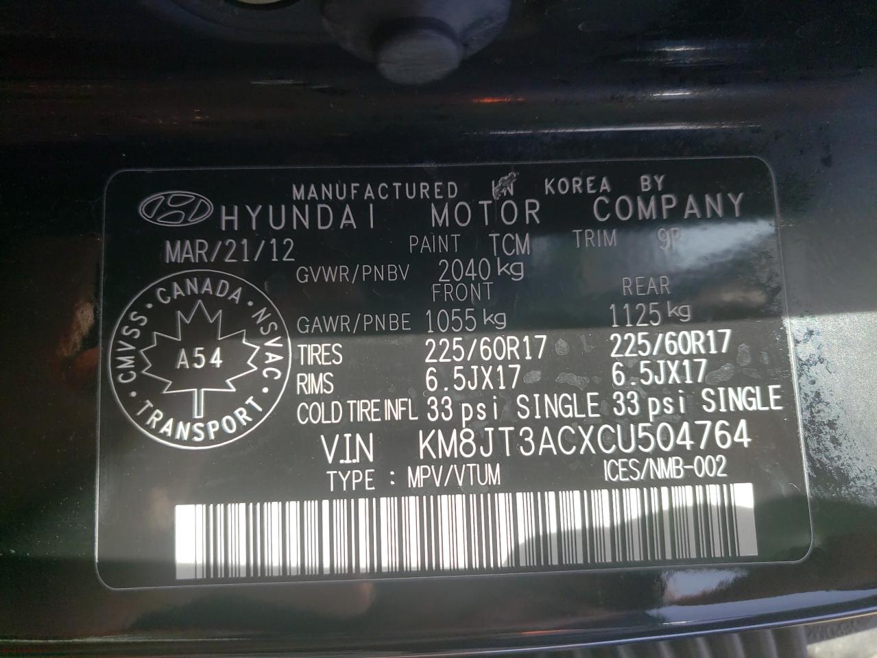 Photo 10 from auction – 2012 HYUNDAI TUCSON GL with VIN KM8JT3ACXCU504764