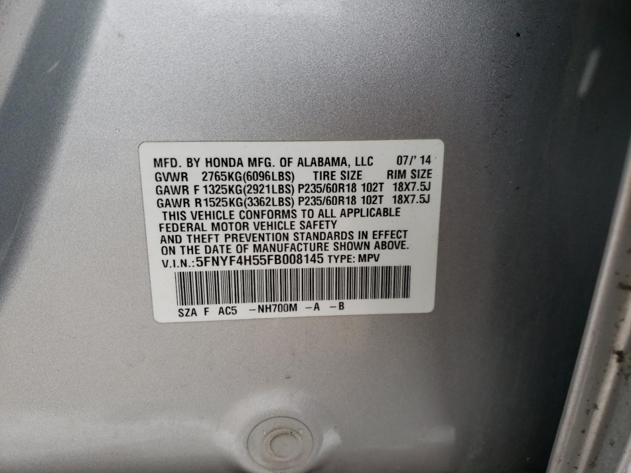Photo 10 from auction – 2015 HONDA PILOT EXL with VIN 5FNYF4H55FB008145