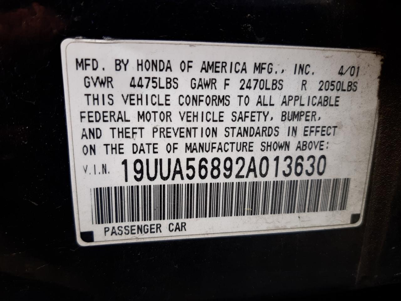 Photo 10 from auction – 2002 ACURA 3.2TL TYPE with VIN 19UUA56892A013630