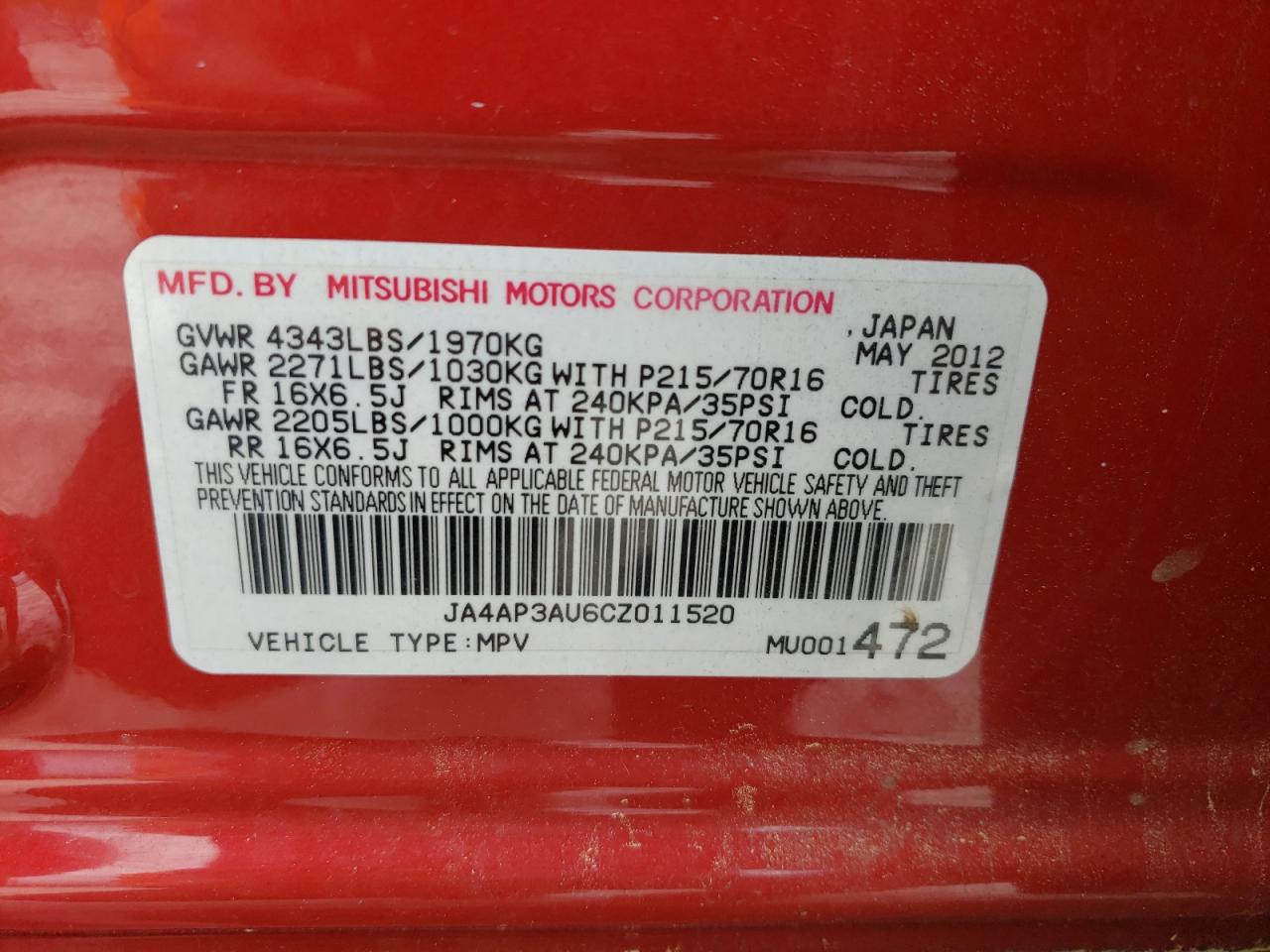 Photo 10 from auction – 2012 MITSUBISHI OUTLANDER with VIN JA4AP3AU6CZ011520