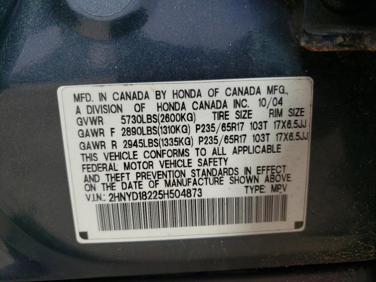 Photo 10 from auction – 2005 ACURA MDX with VIN 2HNYD18225H504873