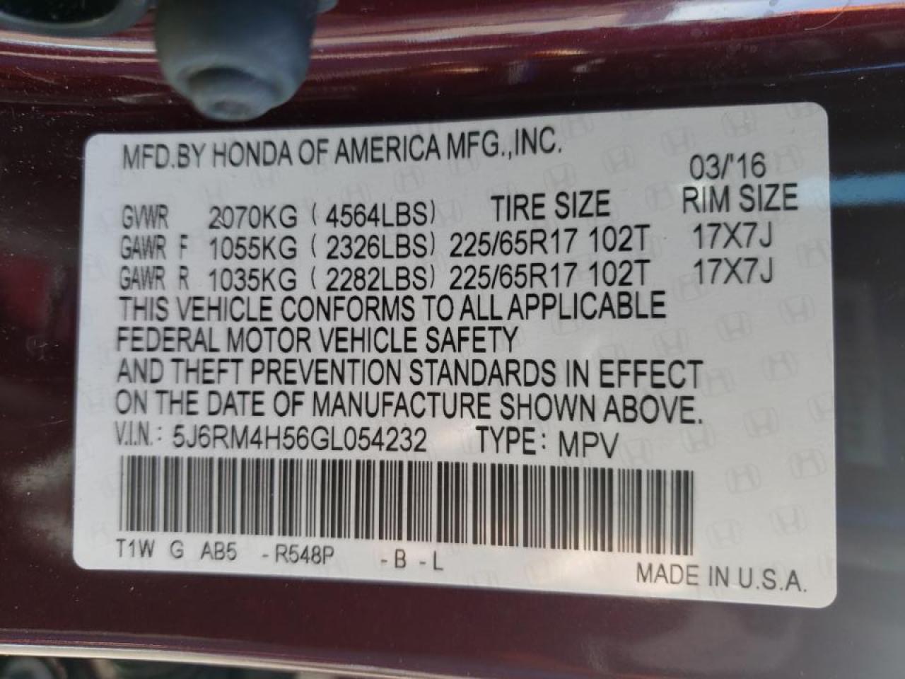 Photo 10 from auction – 2016 HONDA CR-V EX with VIN 5J6RM4H56GL054232