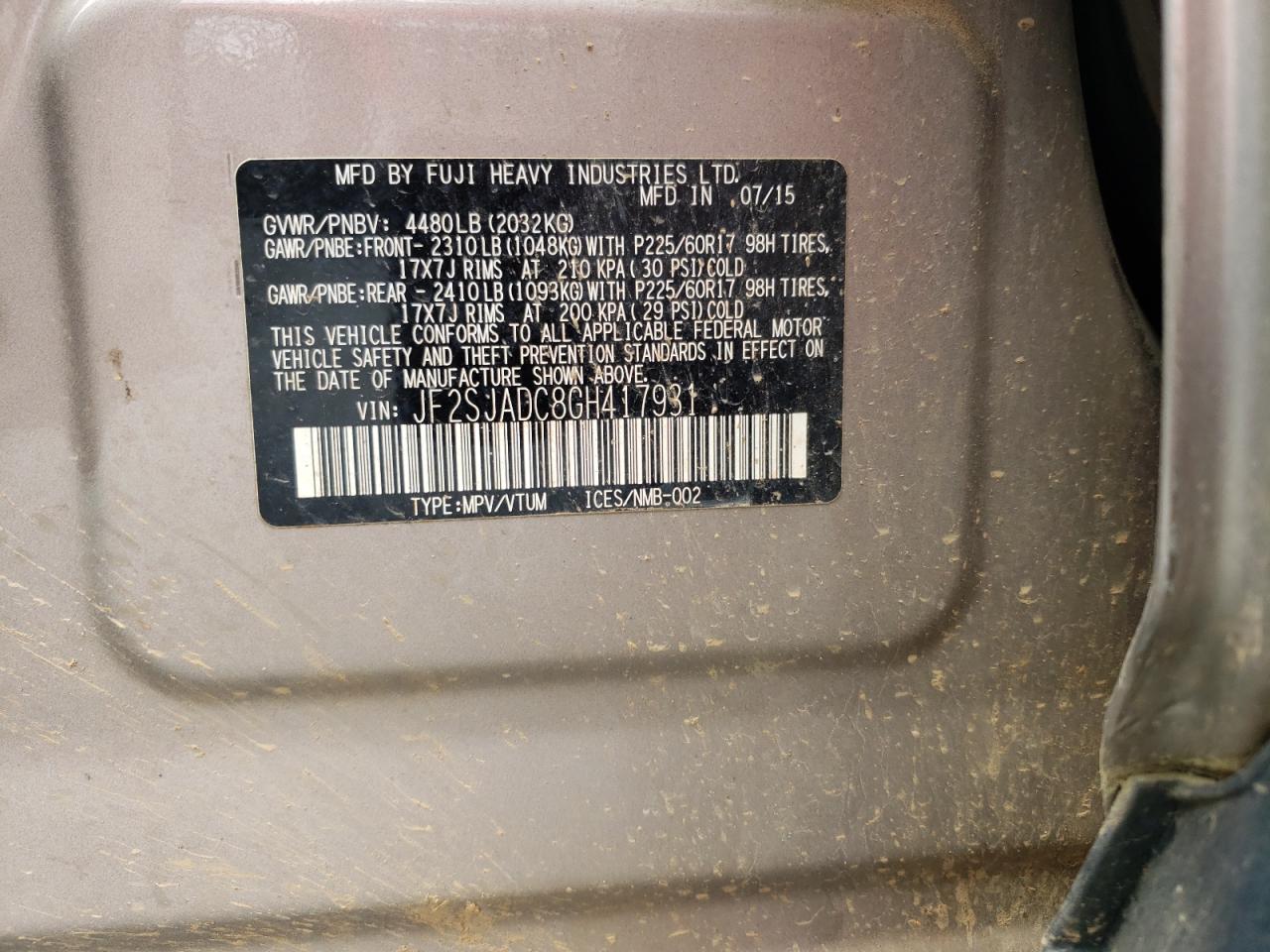 Photo 10 from auction – 2016 SUBARU FORESTER 2 with VIN JF2SJADC8GH417931
