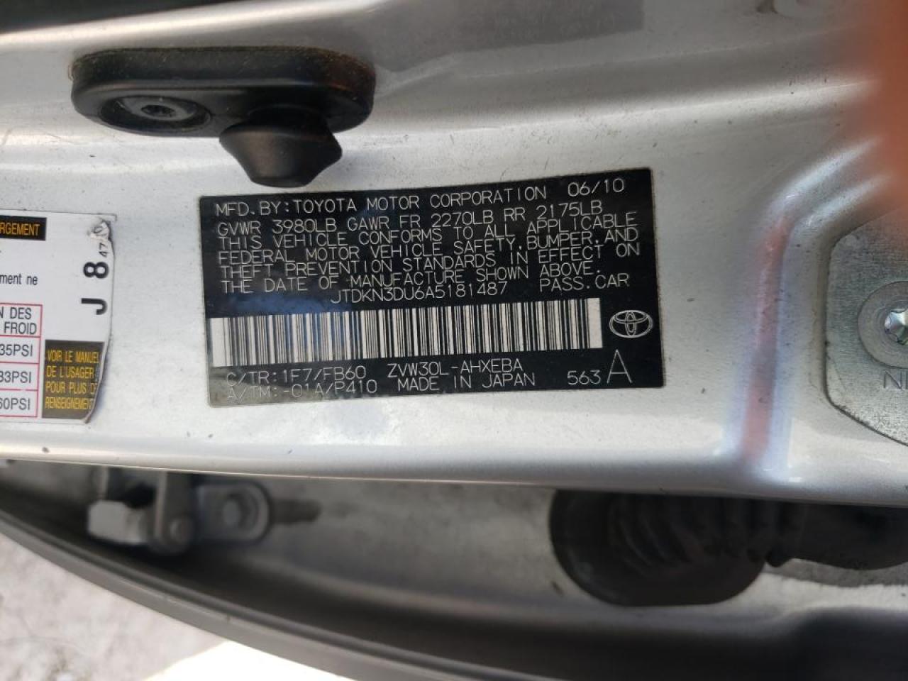 Photo 10 from auction – 2010 TOYOTA PRIUS with VIN JTDKN3DU6A5181487