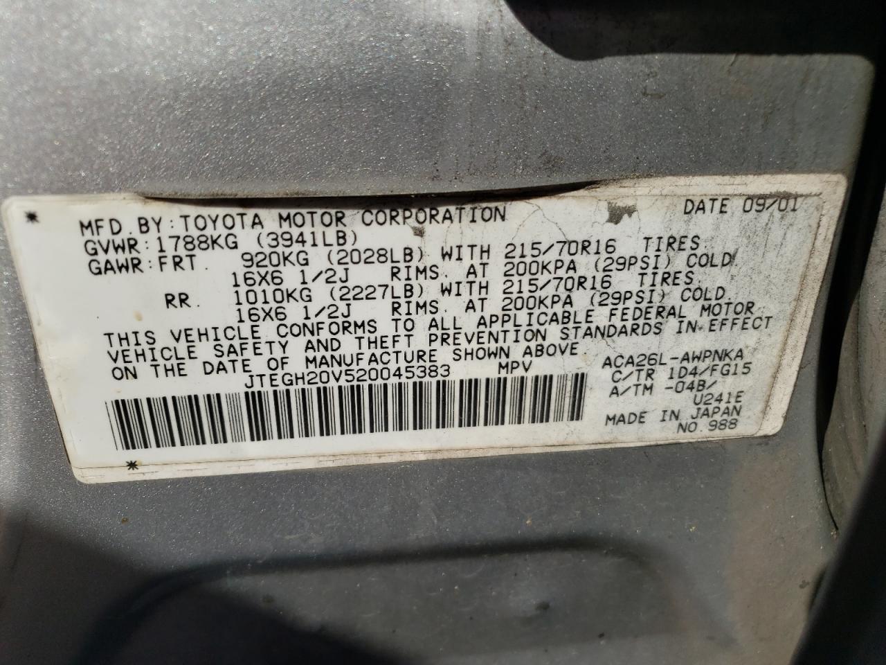 Photo 10 from auction – 2002 TOYOTA RAV4 with VIN JTEGH20V520045383