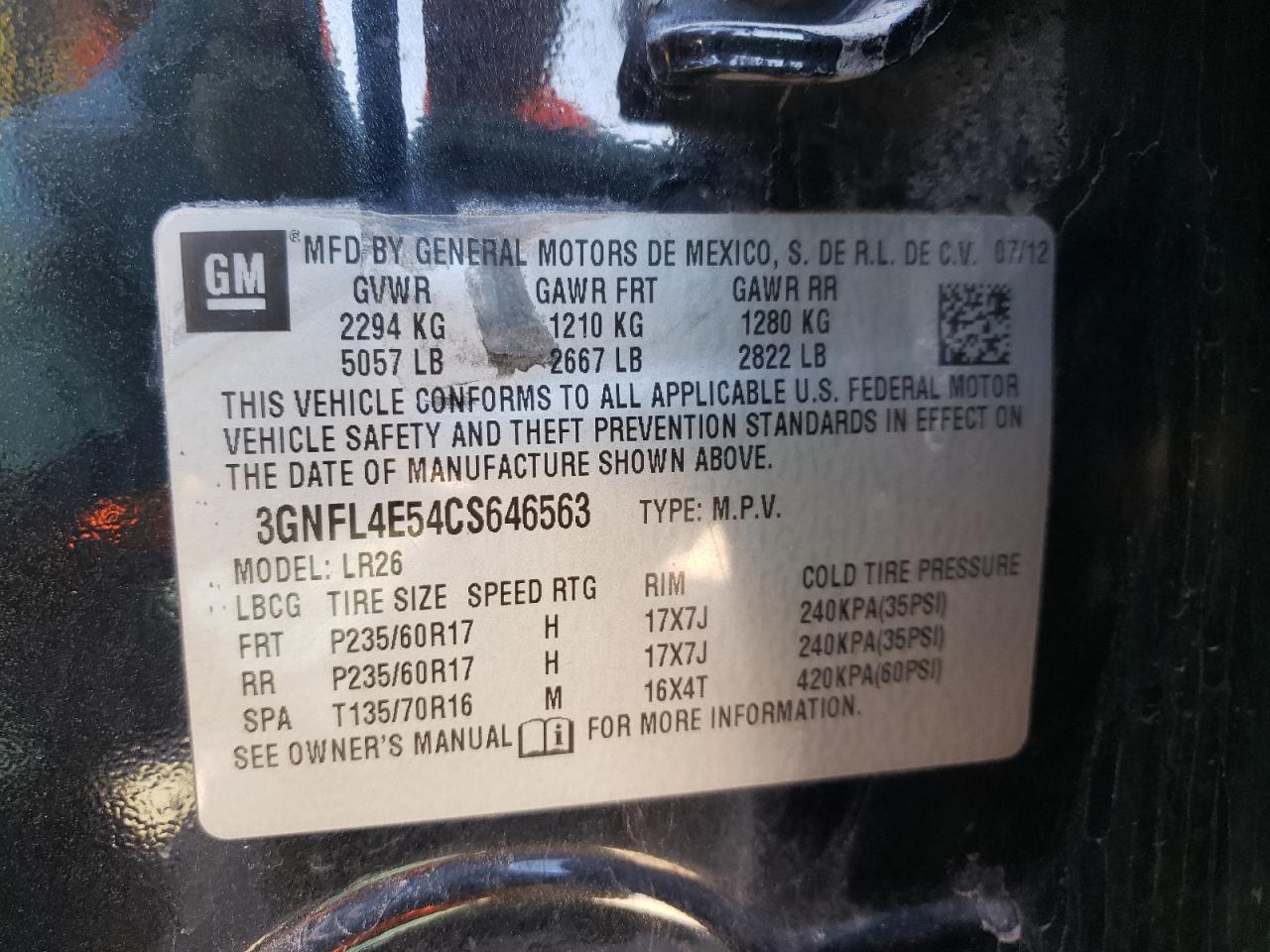 Photo 10 from auction – 2012 CHEVROLET CAPTIVA SP with VIN 3GNFL4E54CS646563