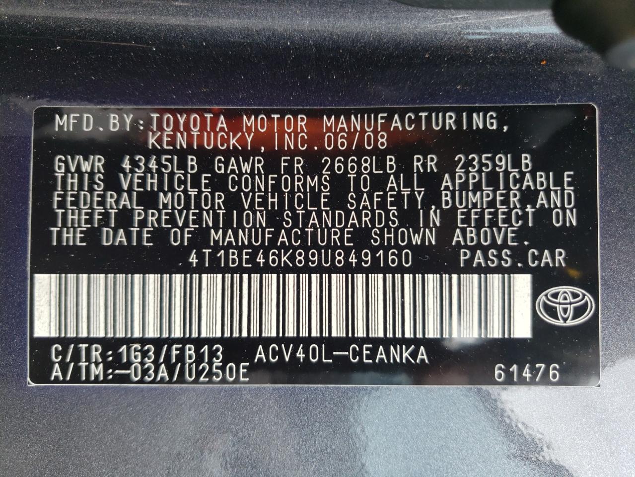 Photo 10 from auction – 2009 TOYOTA CAMRY BASE with VIN 4T1BE46K89U849160