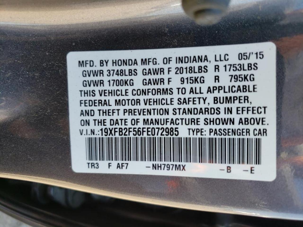 Photo 10 from auction – 2015 HONDA CIVIC LX with VIN 19XFB2F56FE072985