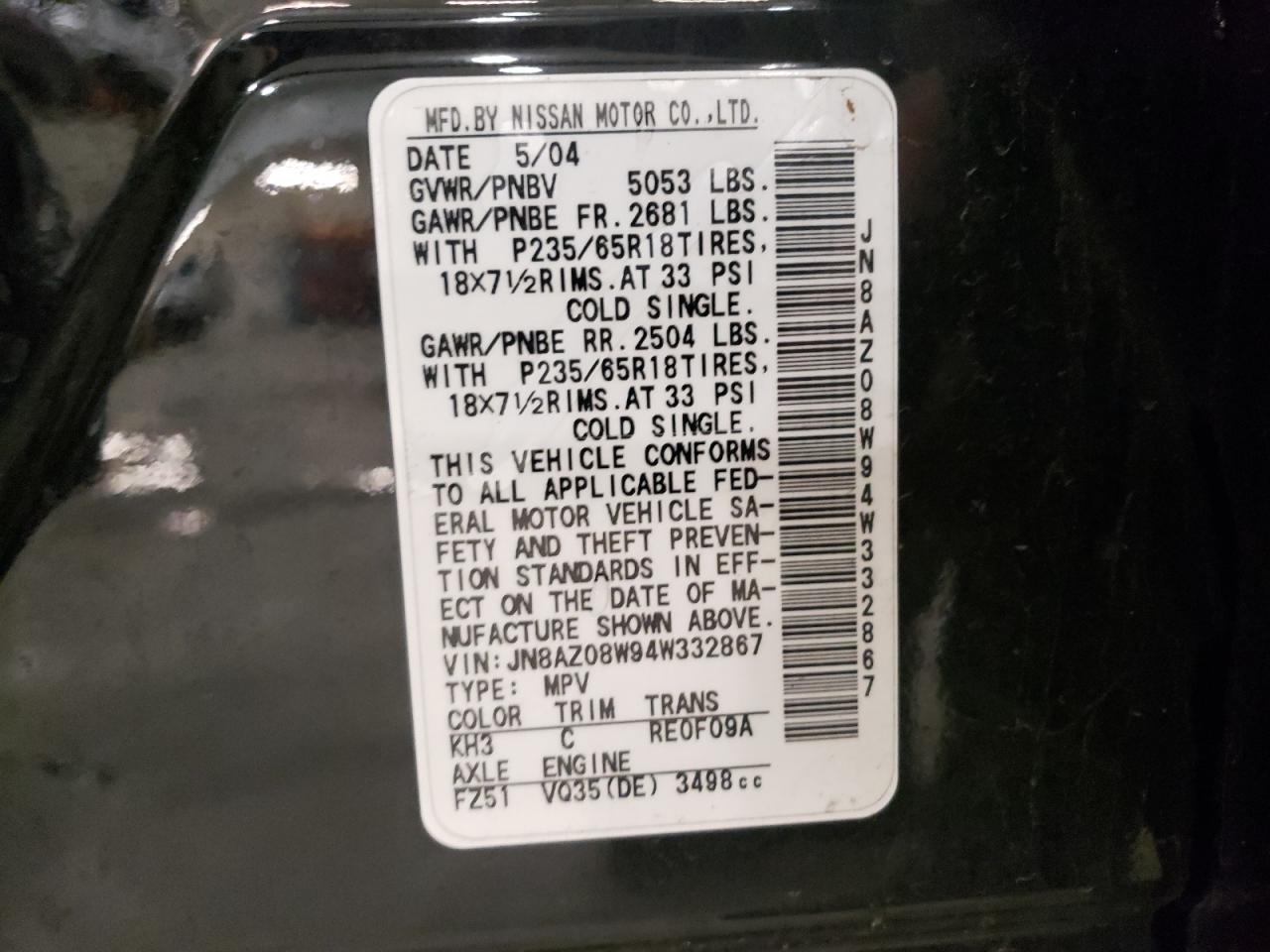 Photo 10 from auction – 2004 NISSAN MURANO SL with VIN JN8AZ08W94W332867