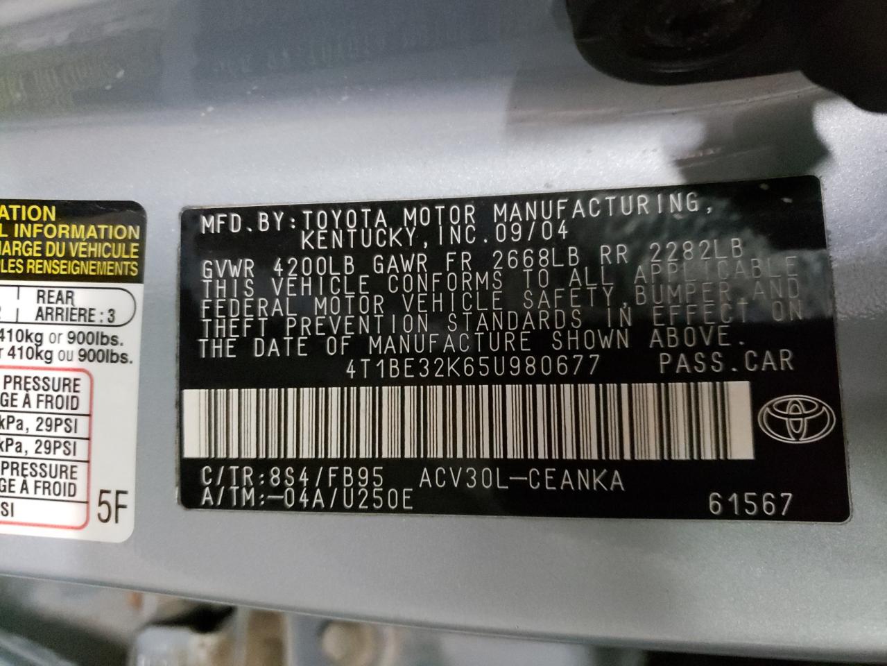 Photo 10 from auction – 2005 TOYOTA CAMRY LE with VIN 4T1BE32K65U980677