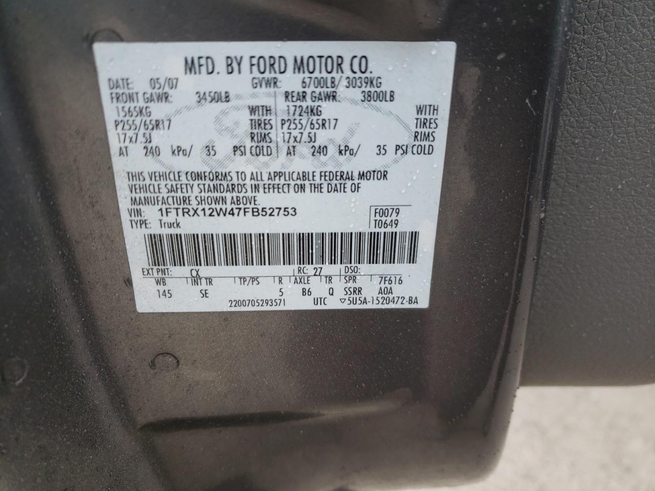 Photo 10 from auction – 2007 FORD F150 with VIN 1FTRX12W47FB52753