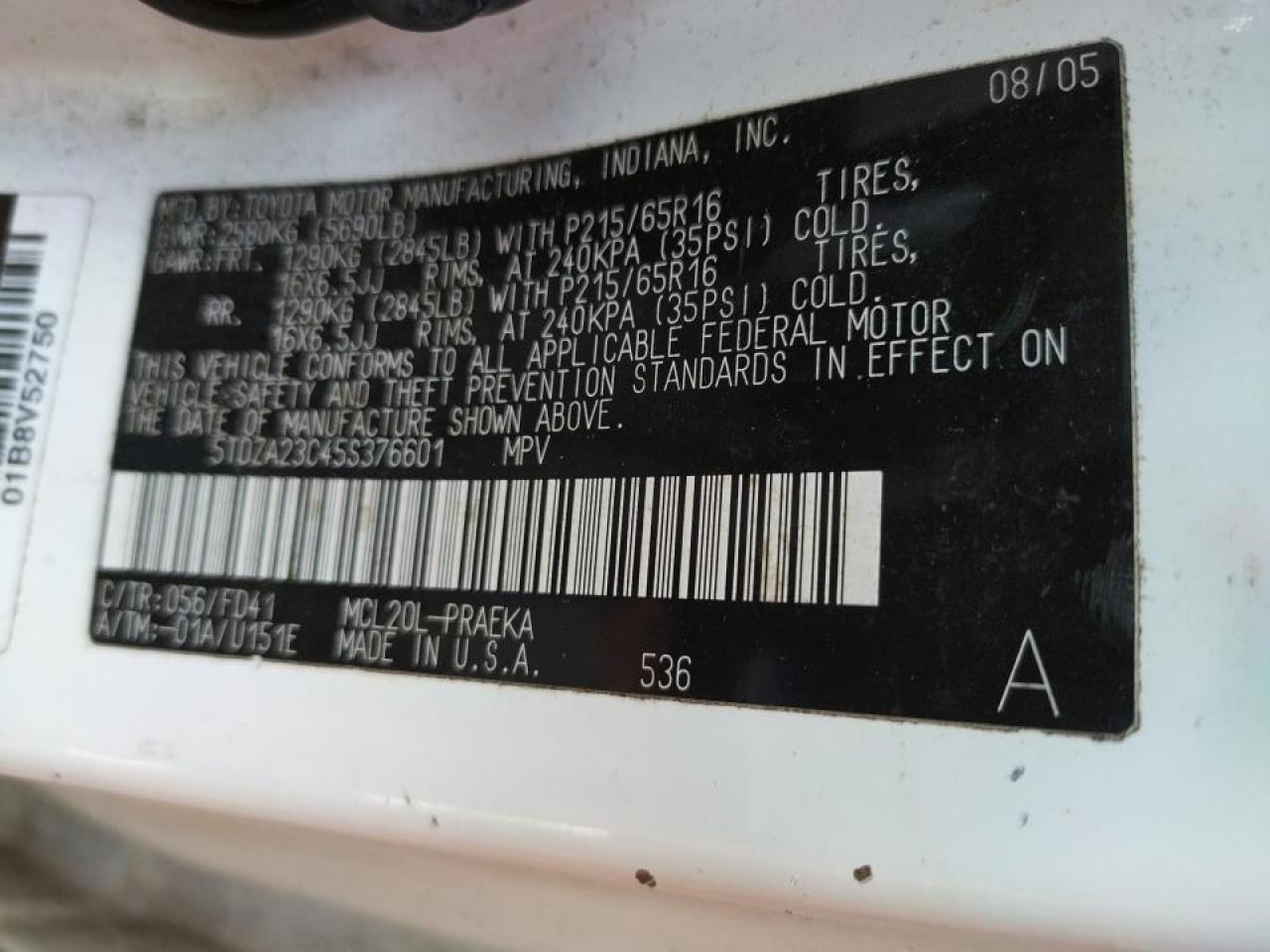 Photo 10 from auction – 2005 TOYOTA SIENNA CE with VIN 5TDZA23C45S376601