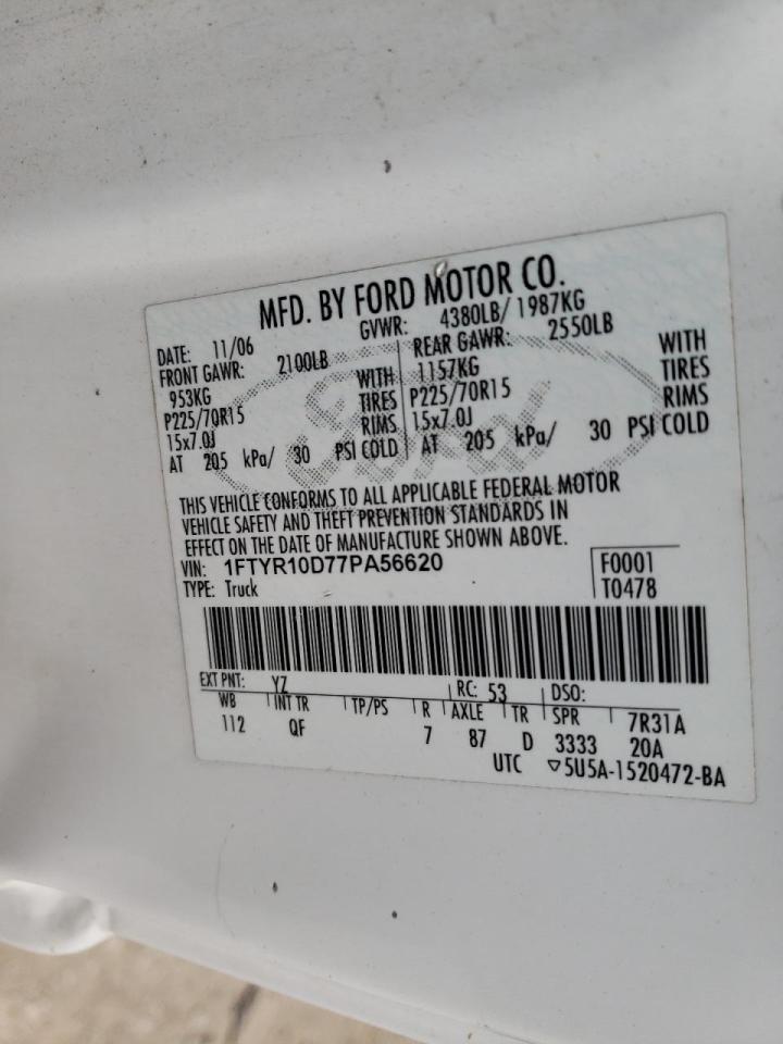 Photo 10 from auction – 2007 FORD RANGER with VIN 1FTYR10D77PA56620