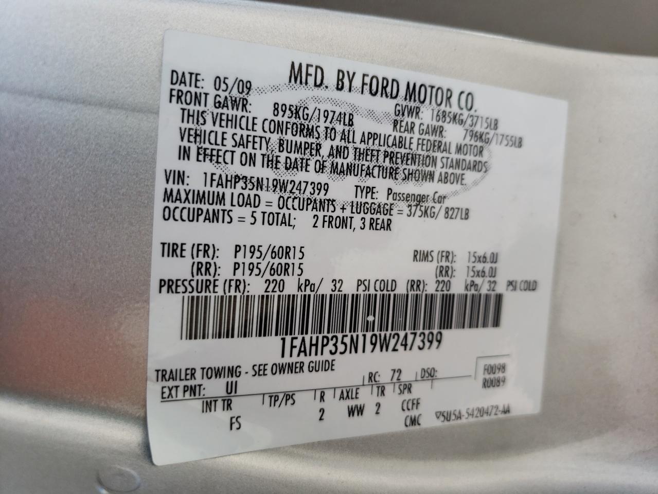 Photo 10 from auction – 2009 FORD FOCUS SE with VIN 1FAHP35N19W247399