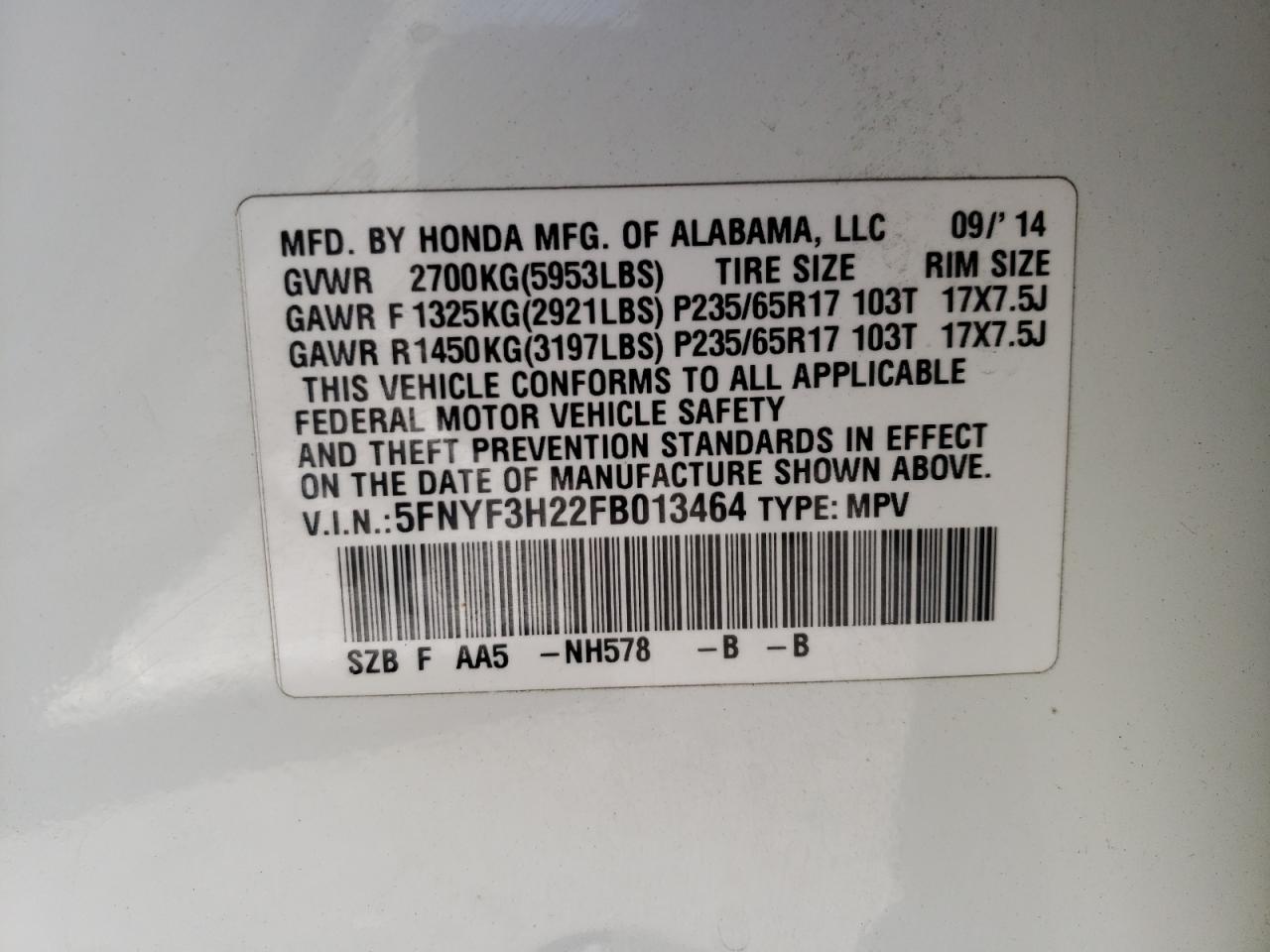 Photo 10 from auction – 2015 HONDA PILOT LX with VIN 5FNYF3H22FB013464