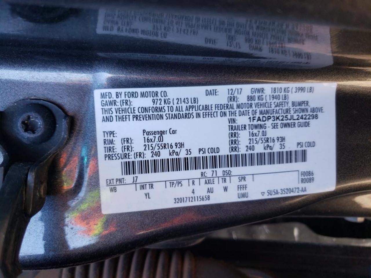 Photo 10 from auction – 2018 FORD FOCUS SE with VIN 1FADP3K25JL242298