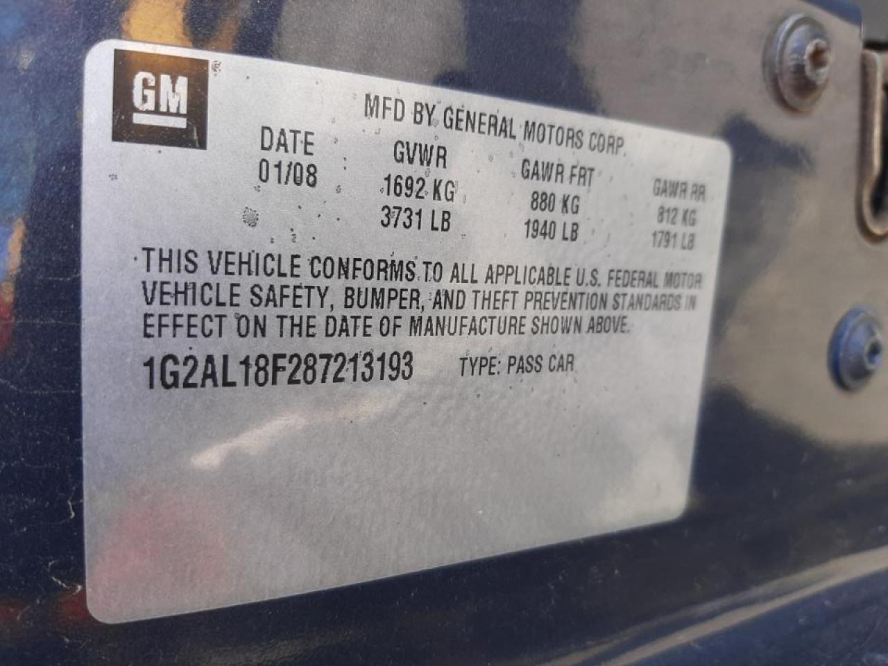 Photo 10 from auction – 2008 PONTIAC G5 with VIN 1G2AL18F287213193