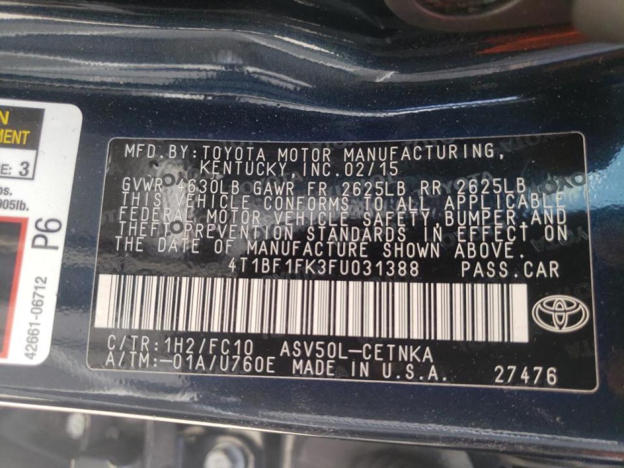 Photo 10 from auction – 2015 TOYOTA CAMRY LE with VIN 4T1BF1FK3FU031388